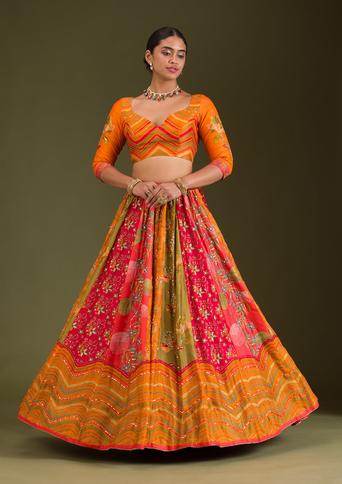 Orange Cutdana Silk Readymade Lehenga