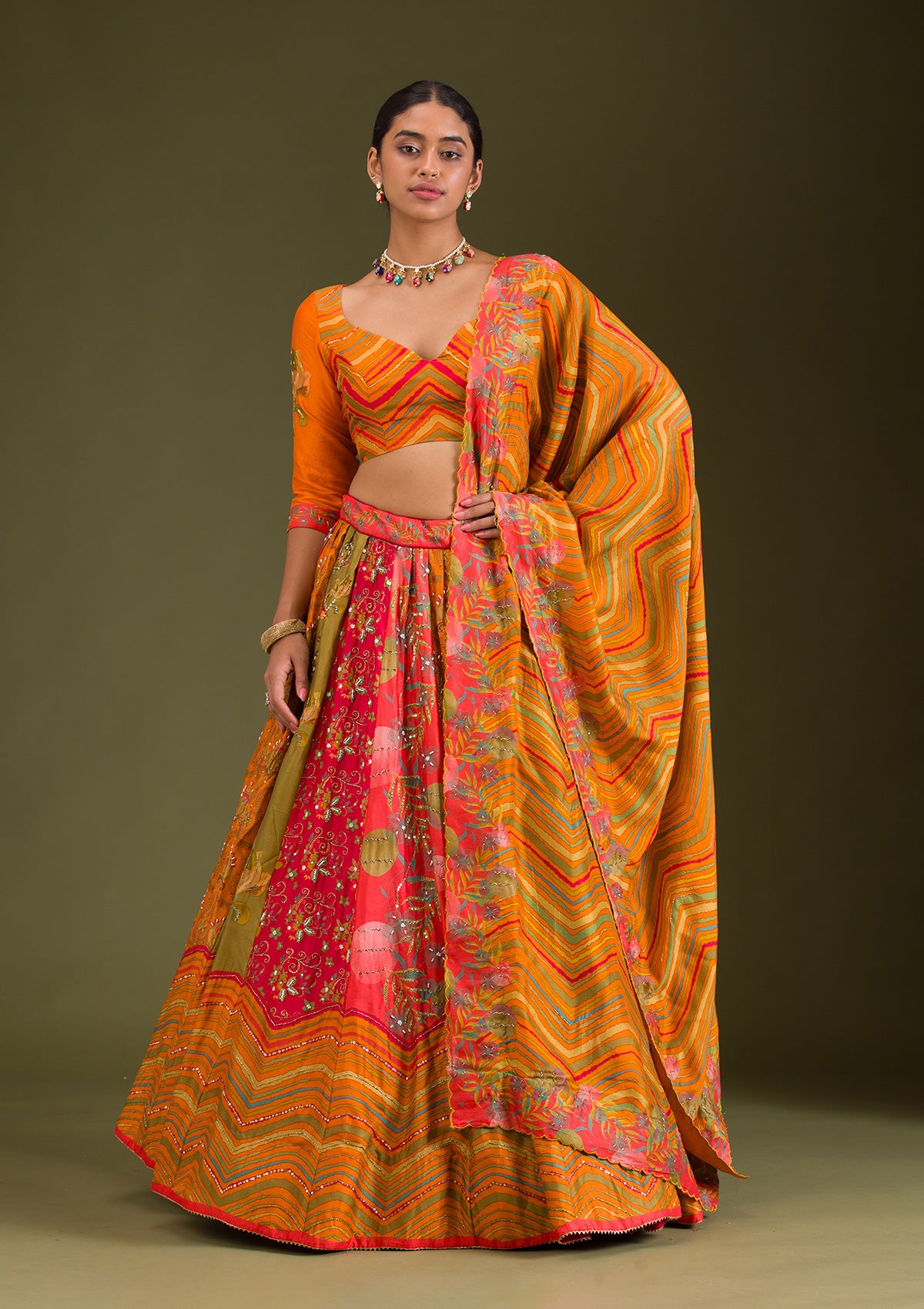 Orange Cutdana Silk Readymade Lehenga