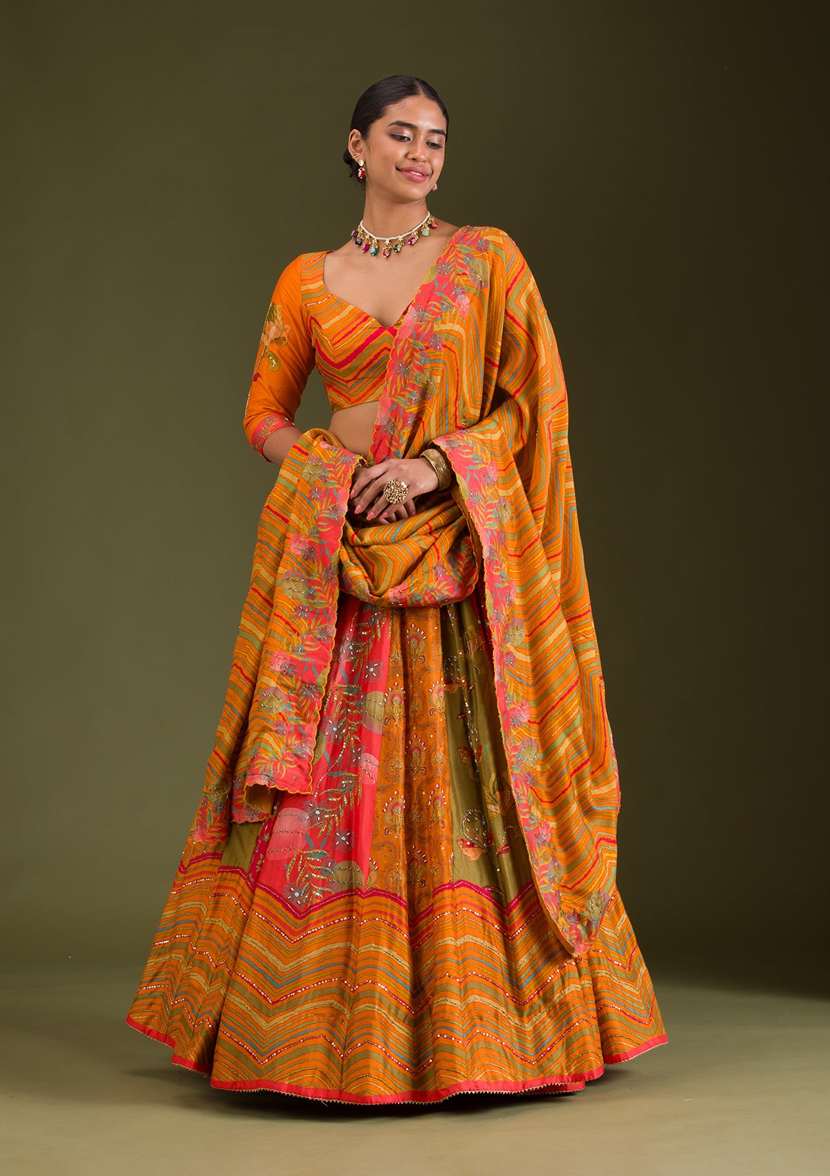 Orange Cutdana Silk Readymade Lehenga