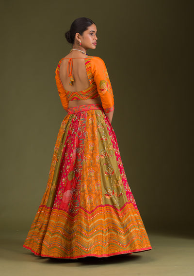 Orange Cutdana Silk Readymade Lehenga