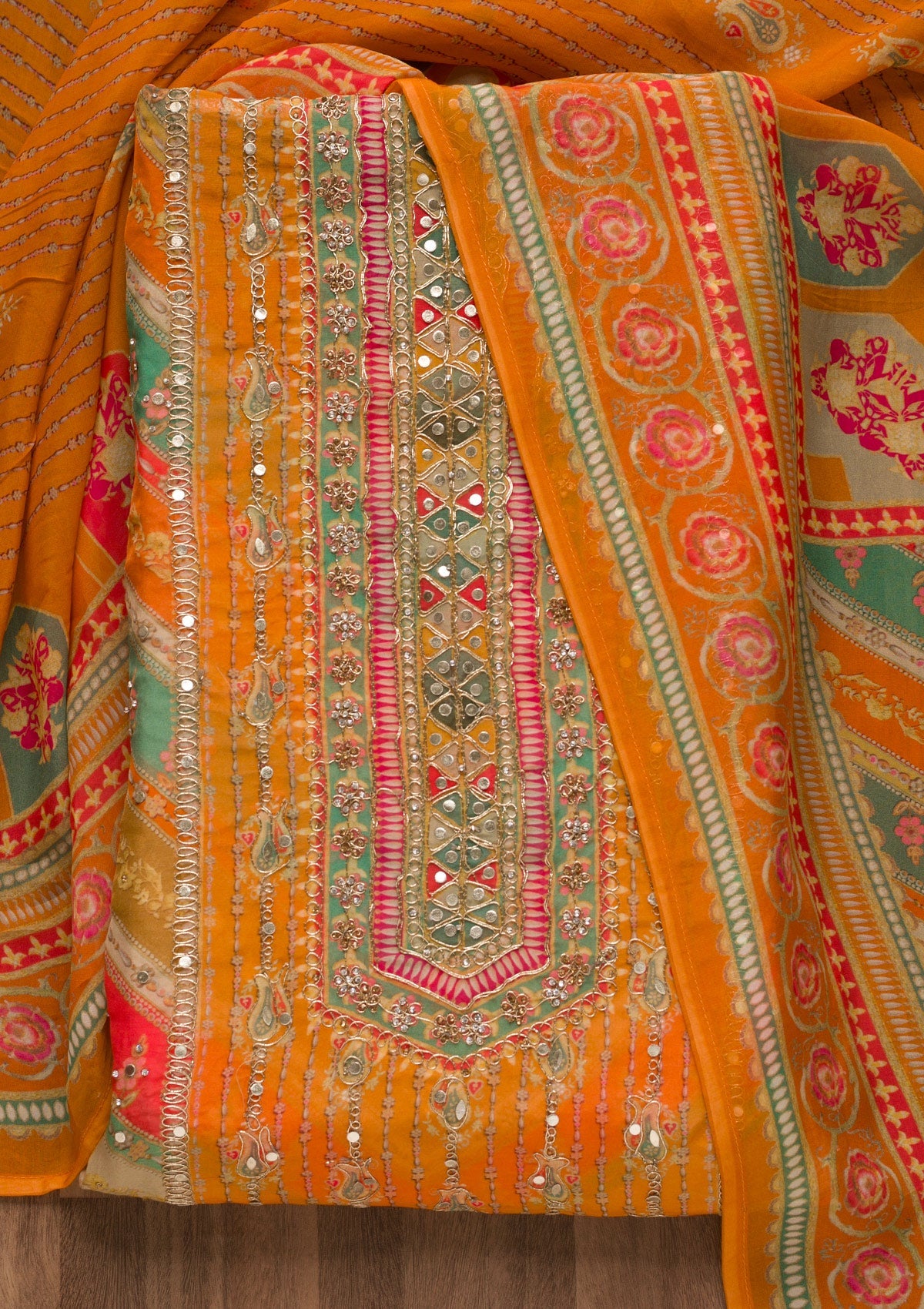 Orange Gotapatti Georgette Unstitched Salwar Suit-Koskii