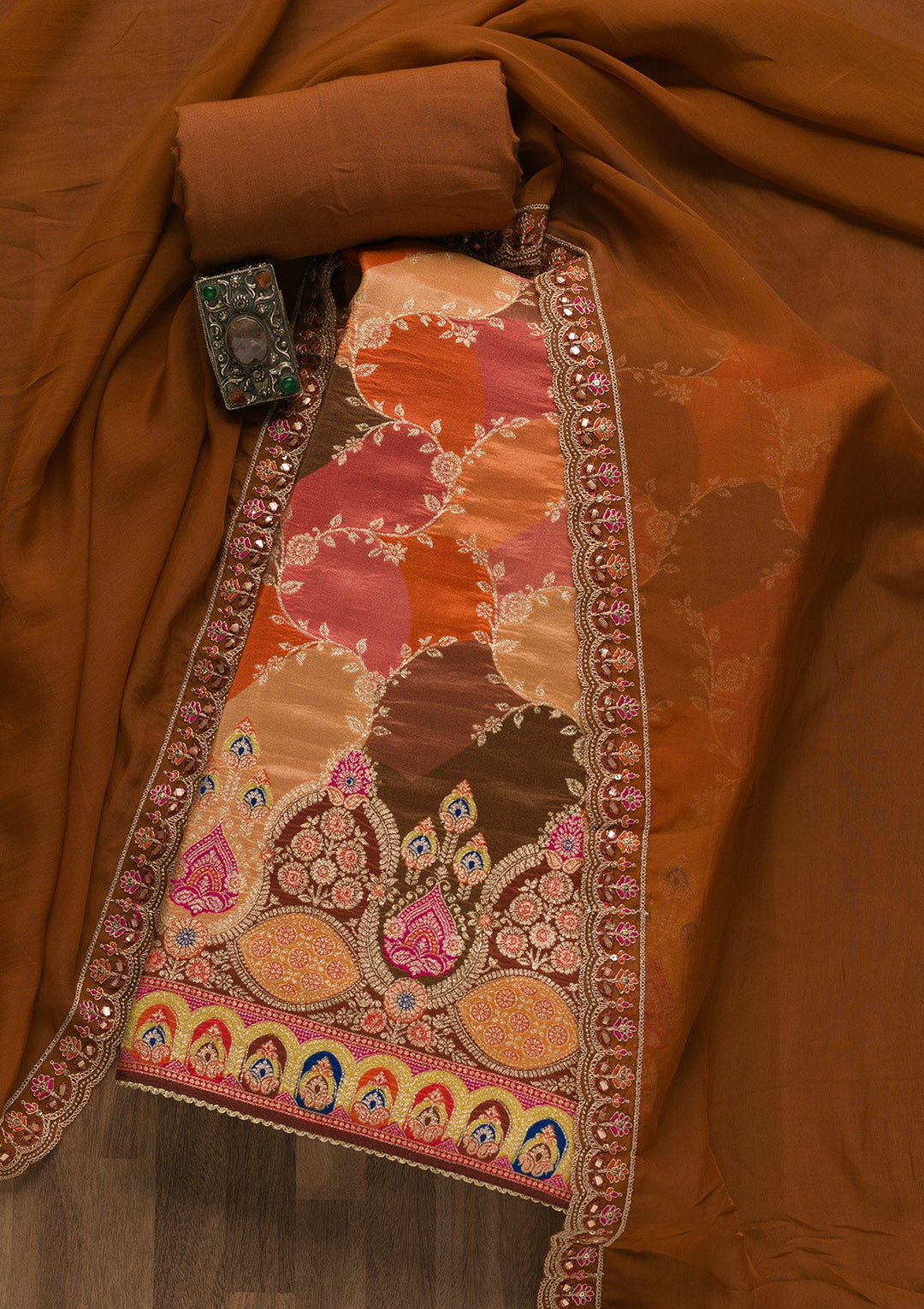 Orange Printed Banarasi Unstitched Salwar Suit-Koskii