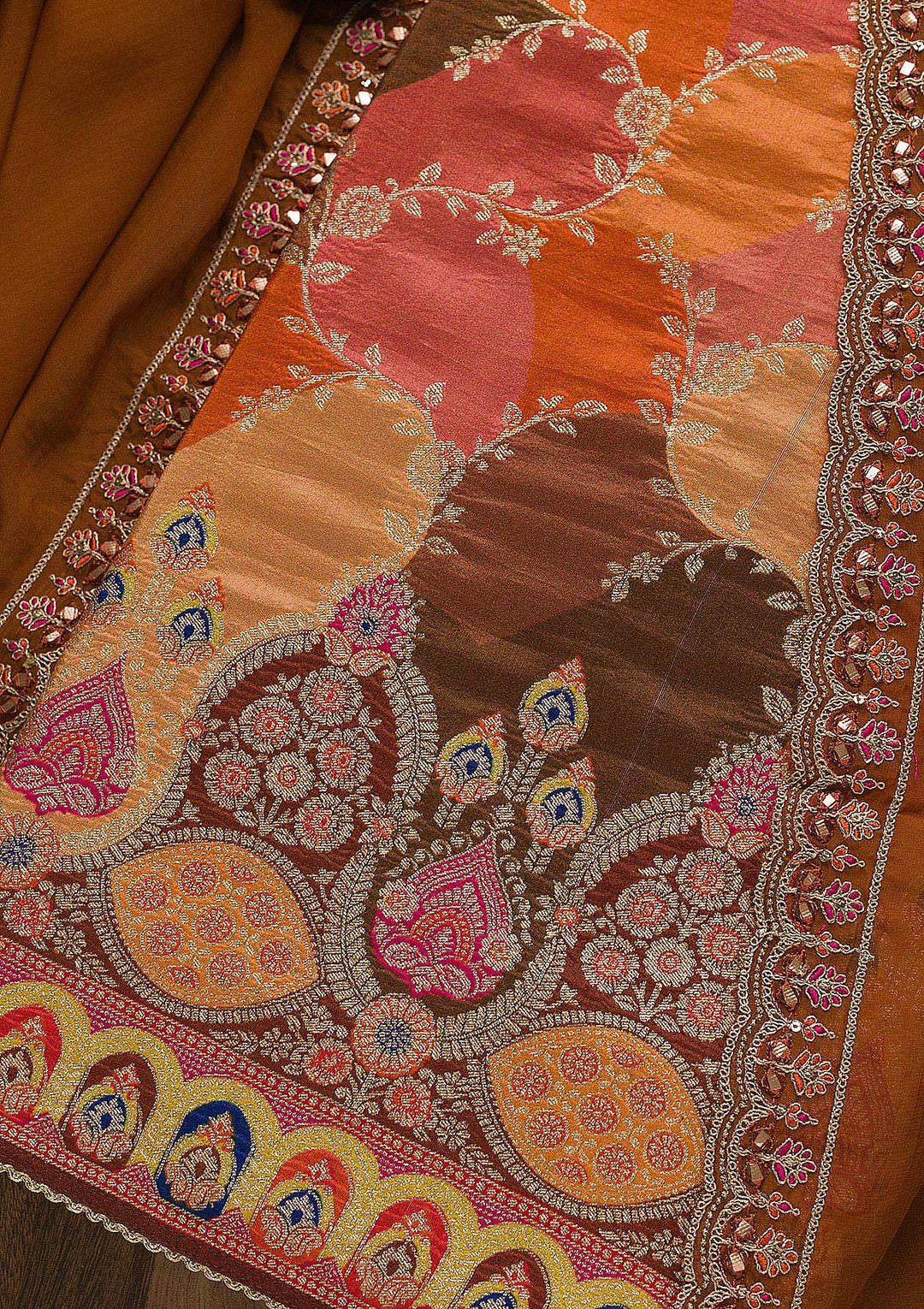 Orange Printed Banarasi Unstitched Salwar Suit-Koskii