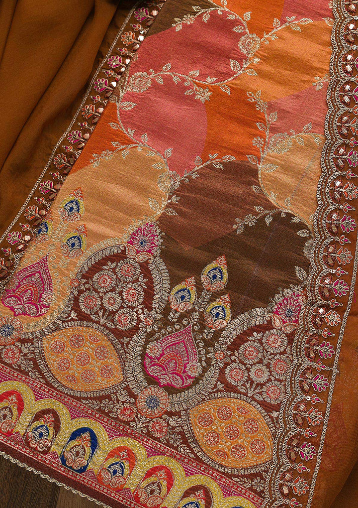 Orange Printed Banarasi Unstitched Salwar Suit-Koskii