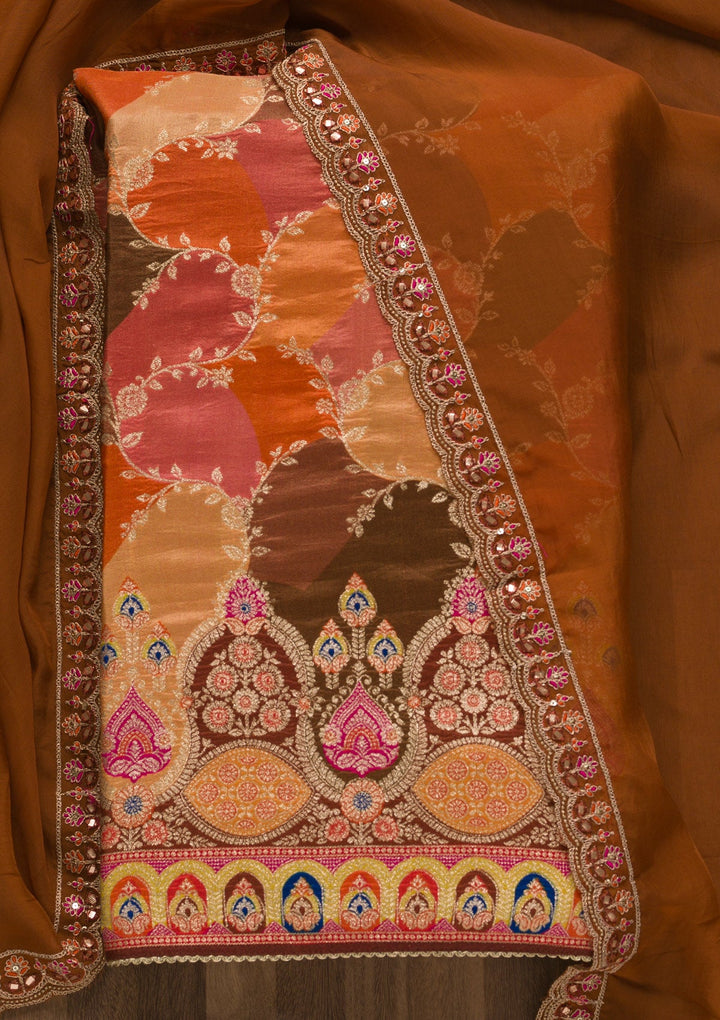 Orange Printed Banarasi Unstitched Salwar Suit-Koskii