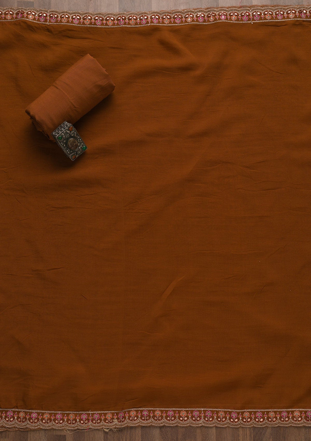 Orange Printed Banarasi Unstitched Salwar Suit-Koskii