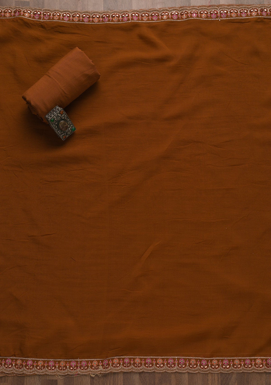 Orange Printed Banarasi Unstitched Salwar Suit-Koskii