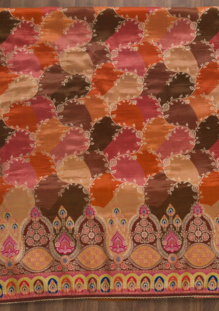 Orange Printed Banarasi Unstitched Salwar Suit-Koskii