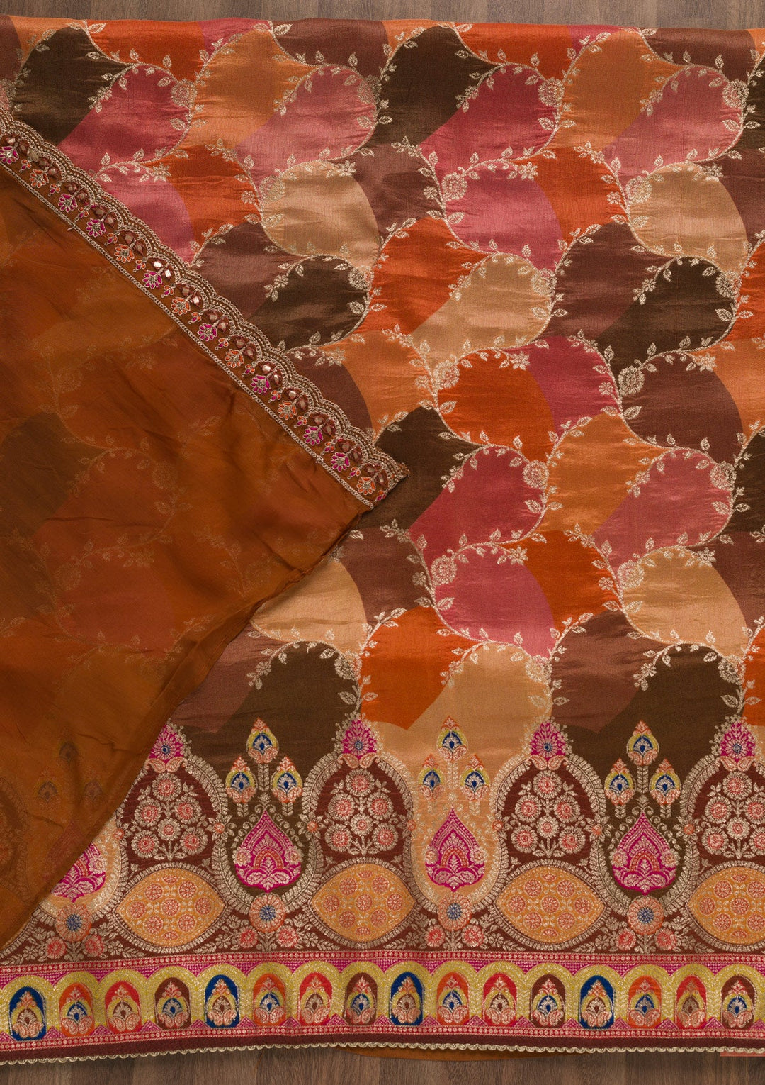 Orange Printed Banarasi Unstitched Salwar Suit-Koskii