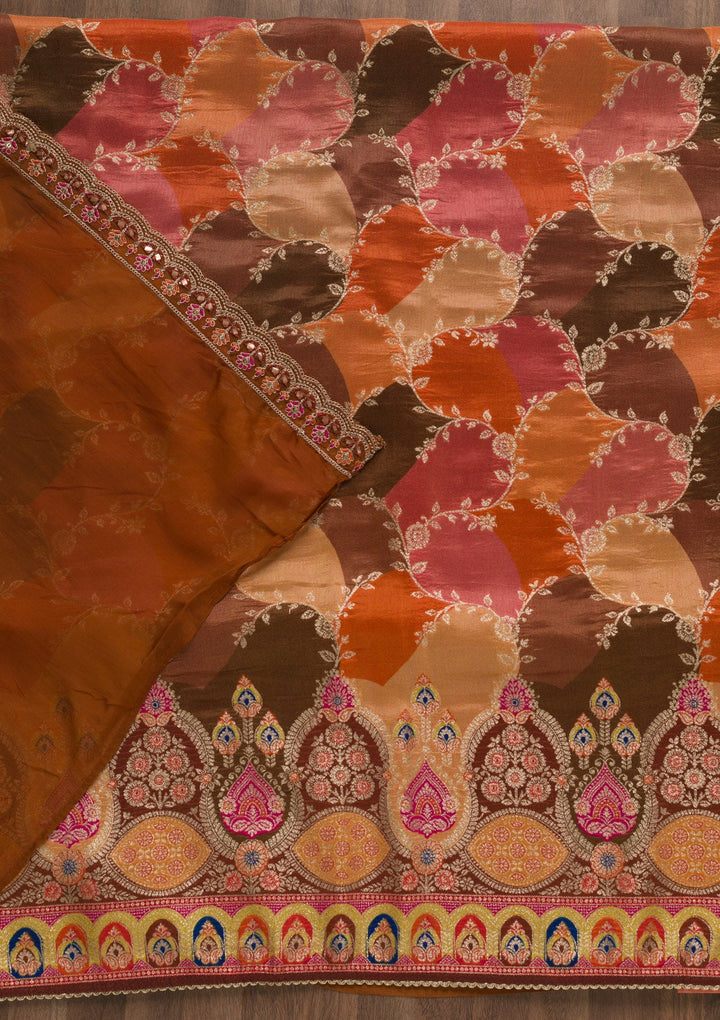 Orange Printed Banarasi Unstitched Salwar Suit-Koskii