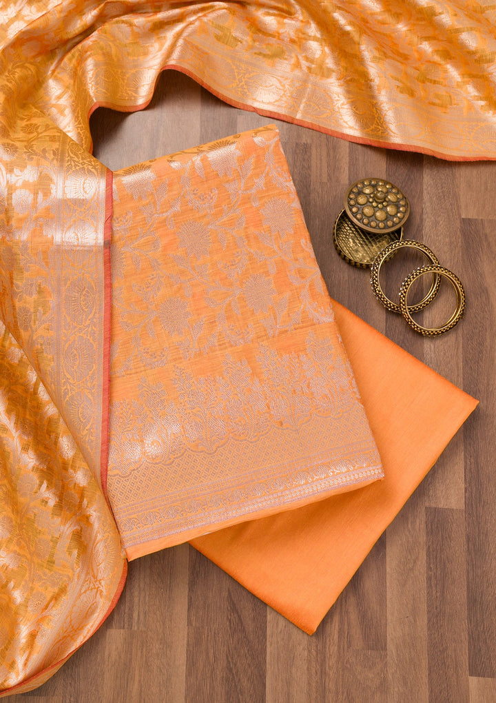 Orange Printed Banarasi Unstitched Salwar Suit-Koskii