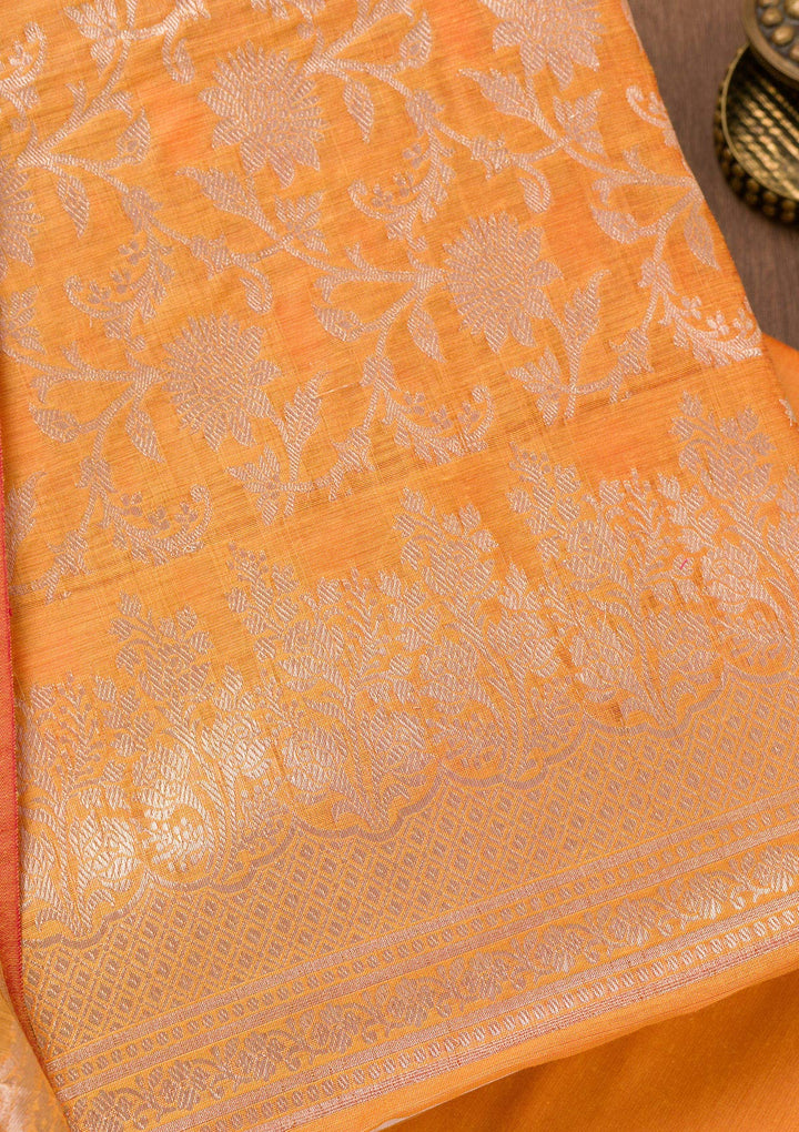 Orange Printed Banarasi Unstitched Salwar Suit-Koskii