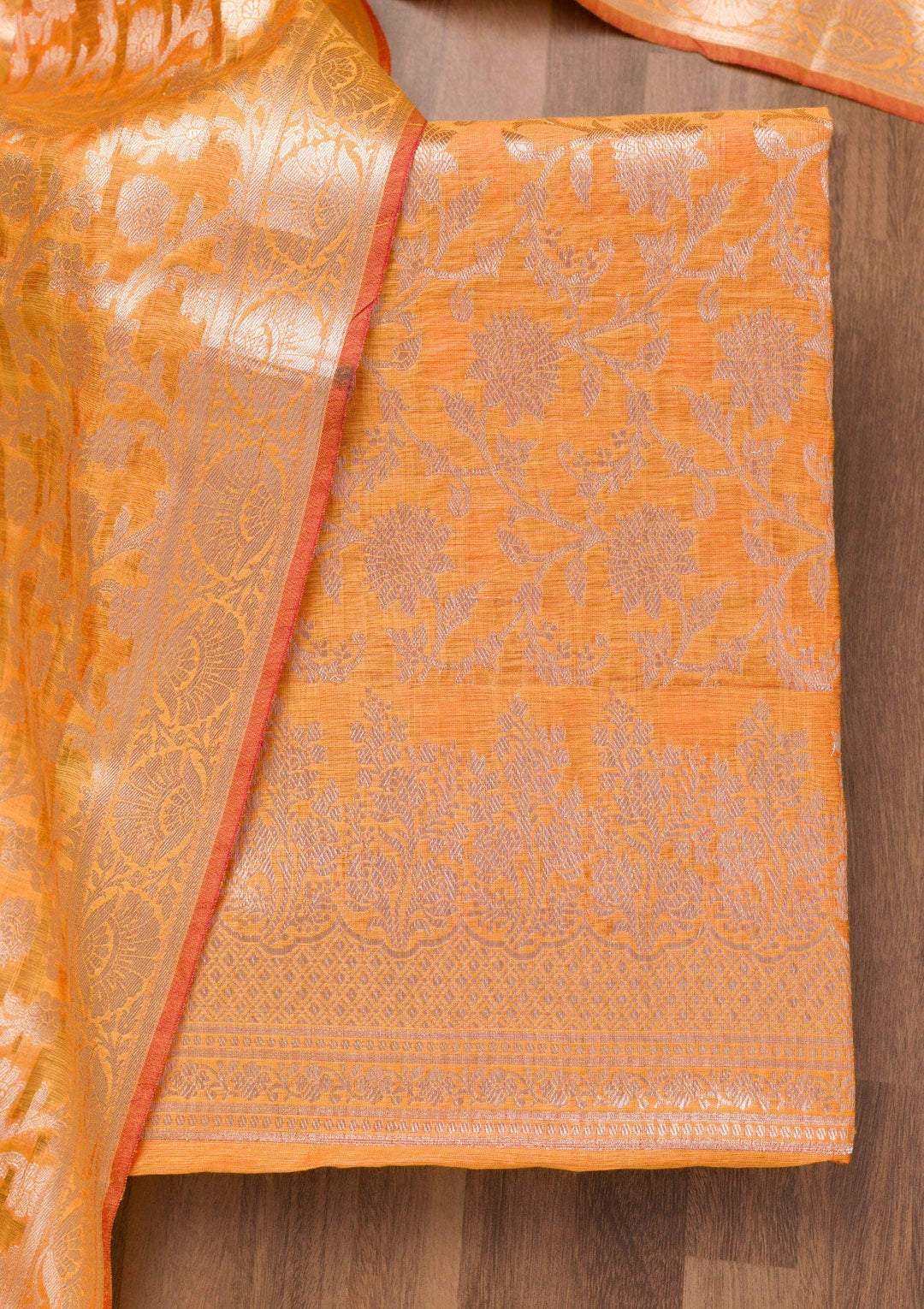 Orange Printed Banarasi Unstitched Salwar Suit-Koskii
