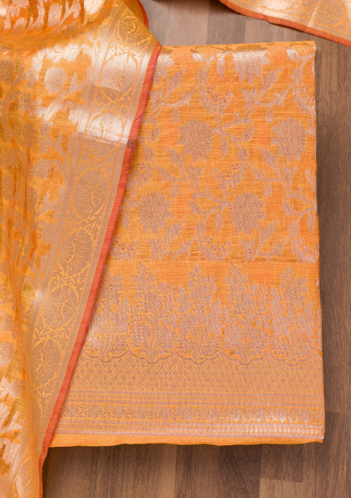 Orange Printed Banarasi Unstitched Salwar Suit-Koskii