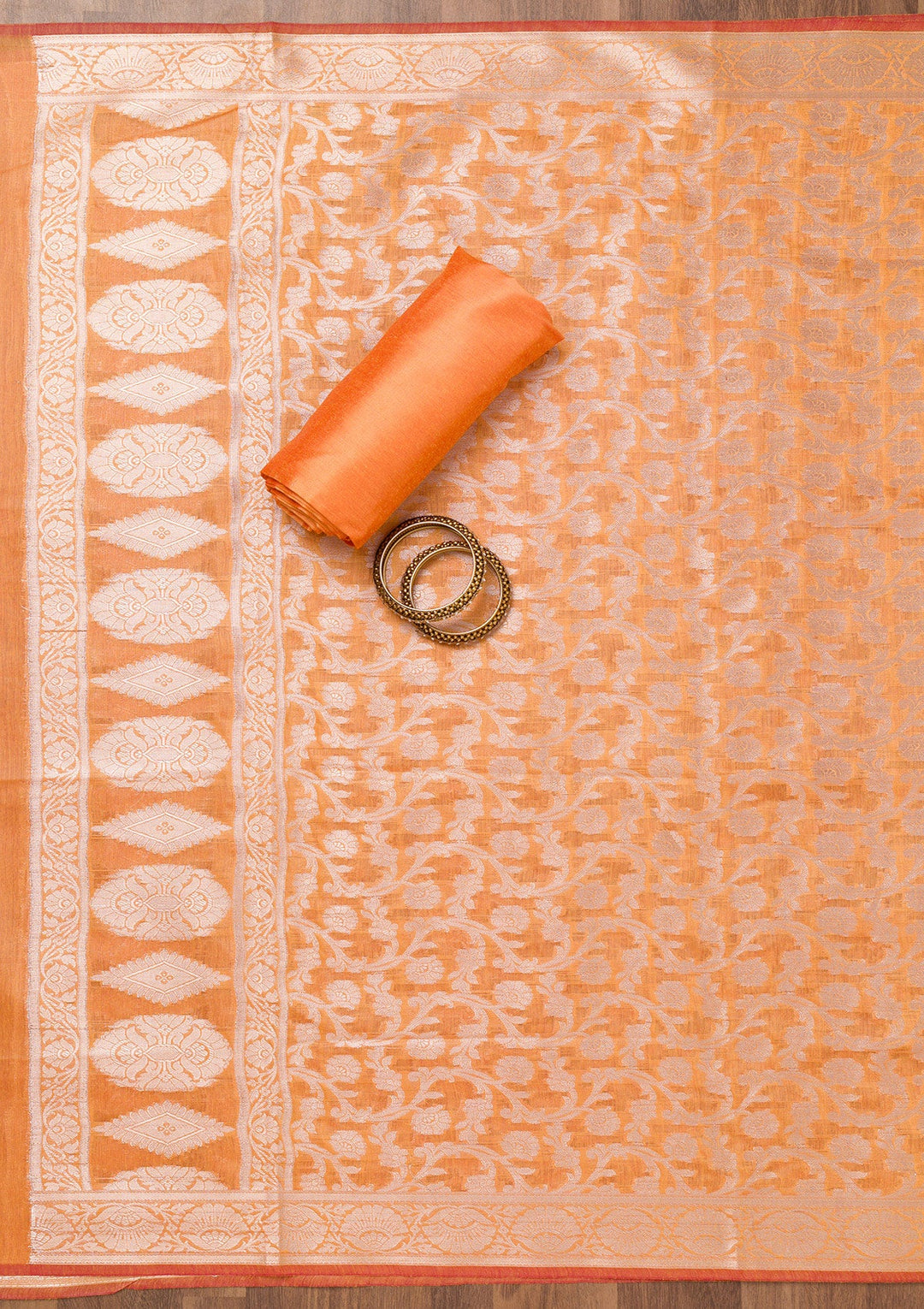 Orange Printed Banarasi Unstitched Salwar Suit-Koskii