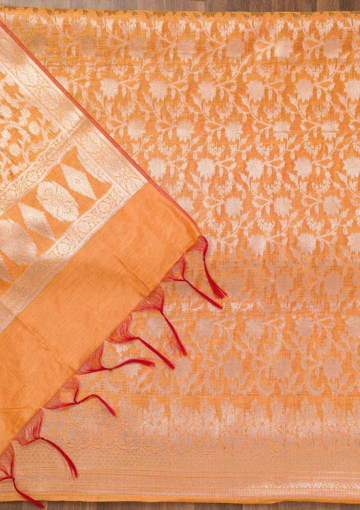 Orange Printed Banarasi Unstitched Salwar Suit-Koskii