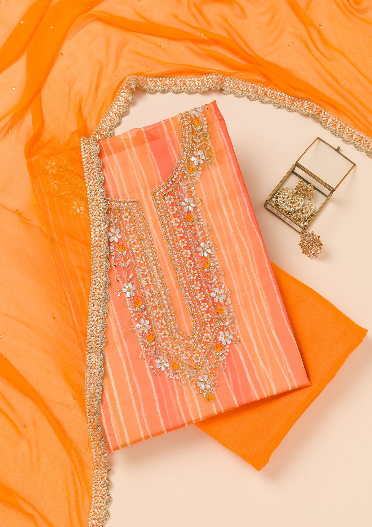 Orange Printed Organza Unstitched Salwar Suit-Koskii