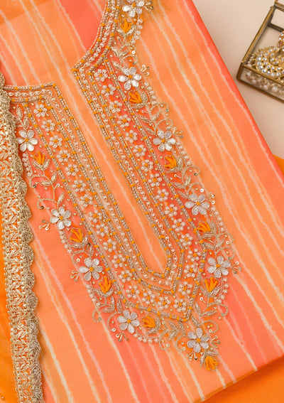 Orange Printed Organza Unstitched Salwar Suit-Koskii