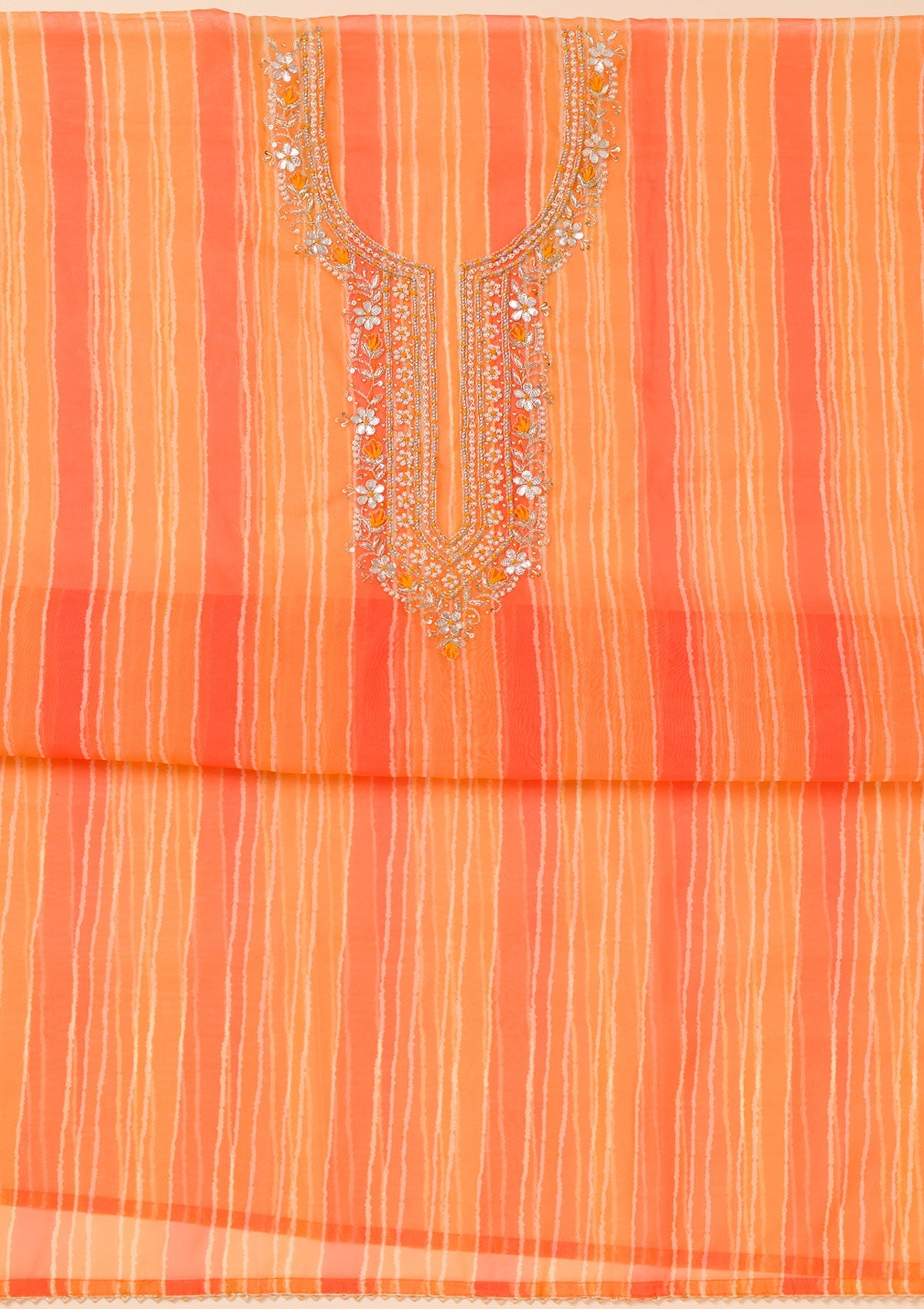 Orange Printed Organza Unstitched Salwar Suit-Koskii