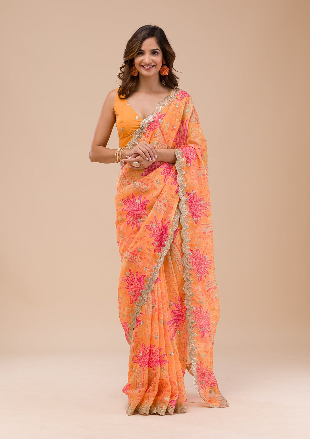 Orange Printed Organza Saree-Koskii