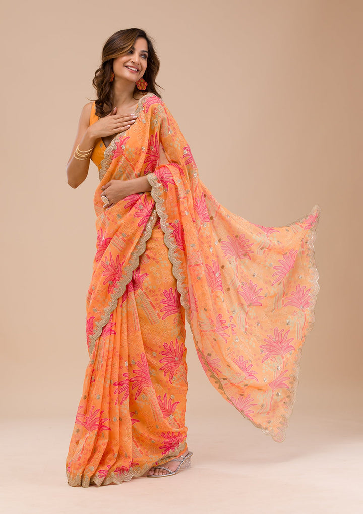 Orange Printed Organza Saree-Koskii