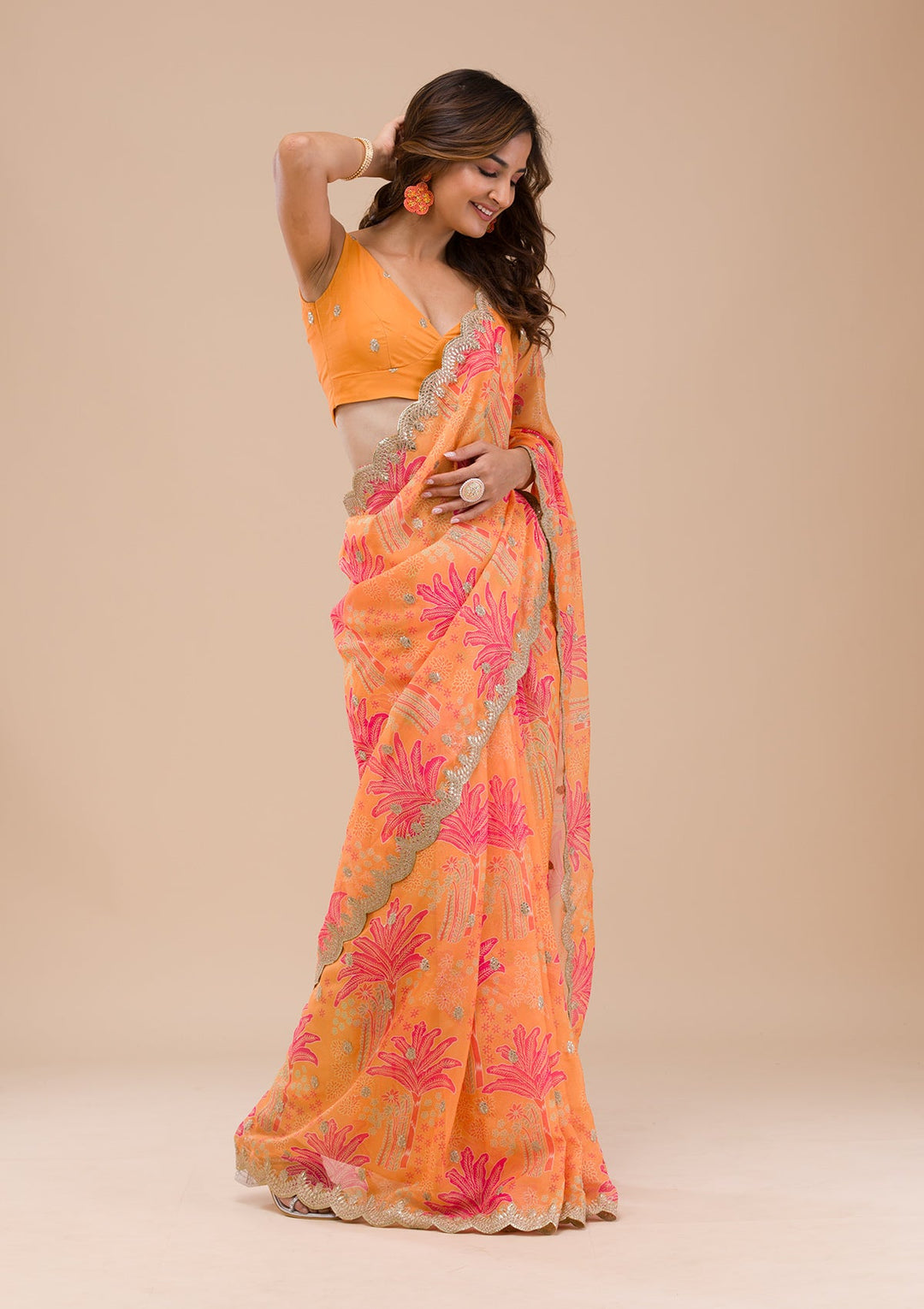 Orange Printed Organza Saree-Koskii