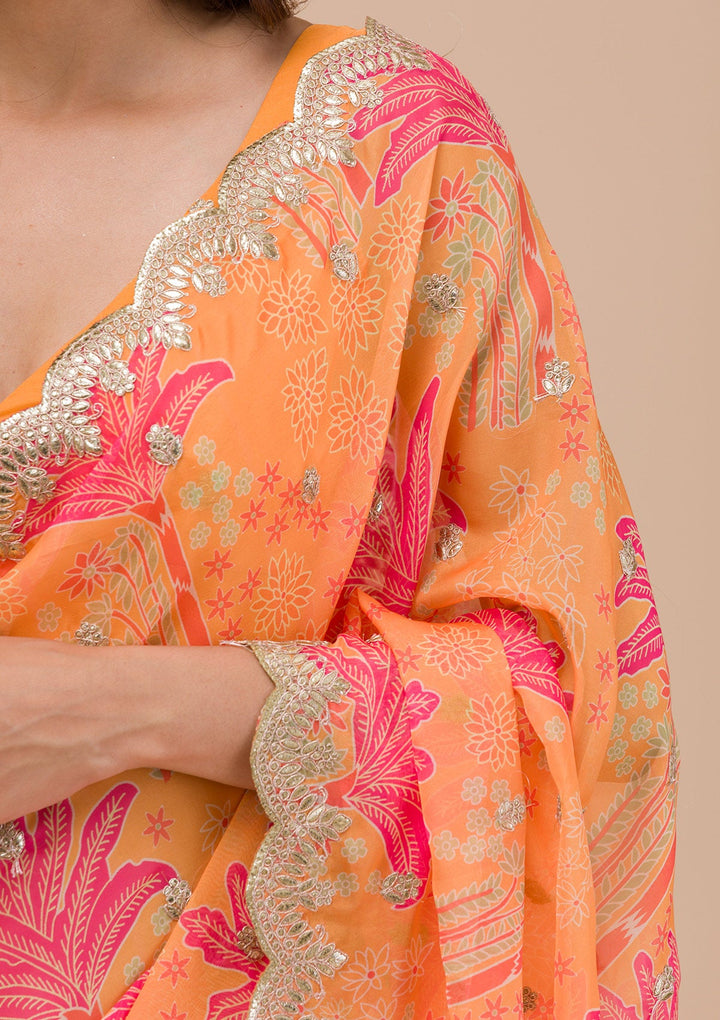 Orange Printed Organza Saree-Koskii
