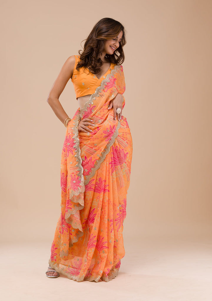 Orange Printed Organza Saree-Koskii