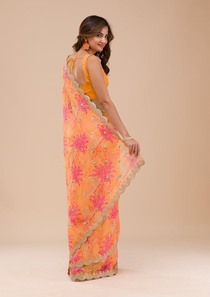 Orange Printed Organza Saree-Koskii
