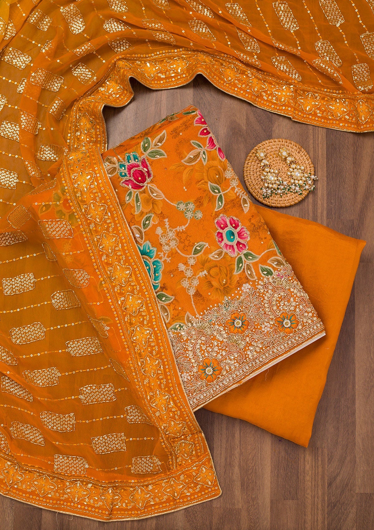 Orange Printed Semi Crepe Unstitched Salwar Suit-Koskii