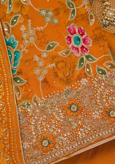 Orange Printed Semi Crepe Unstitched Salwar Suit-Koskii