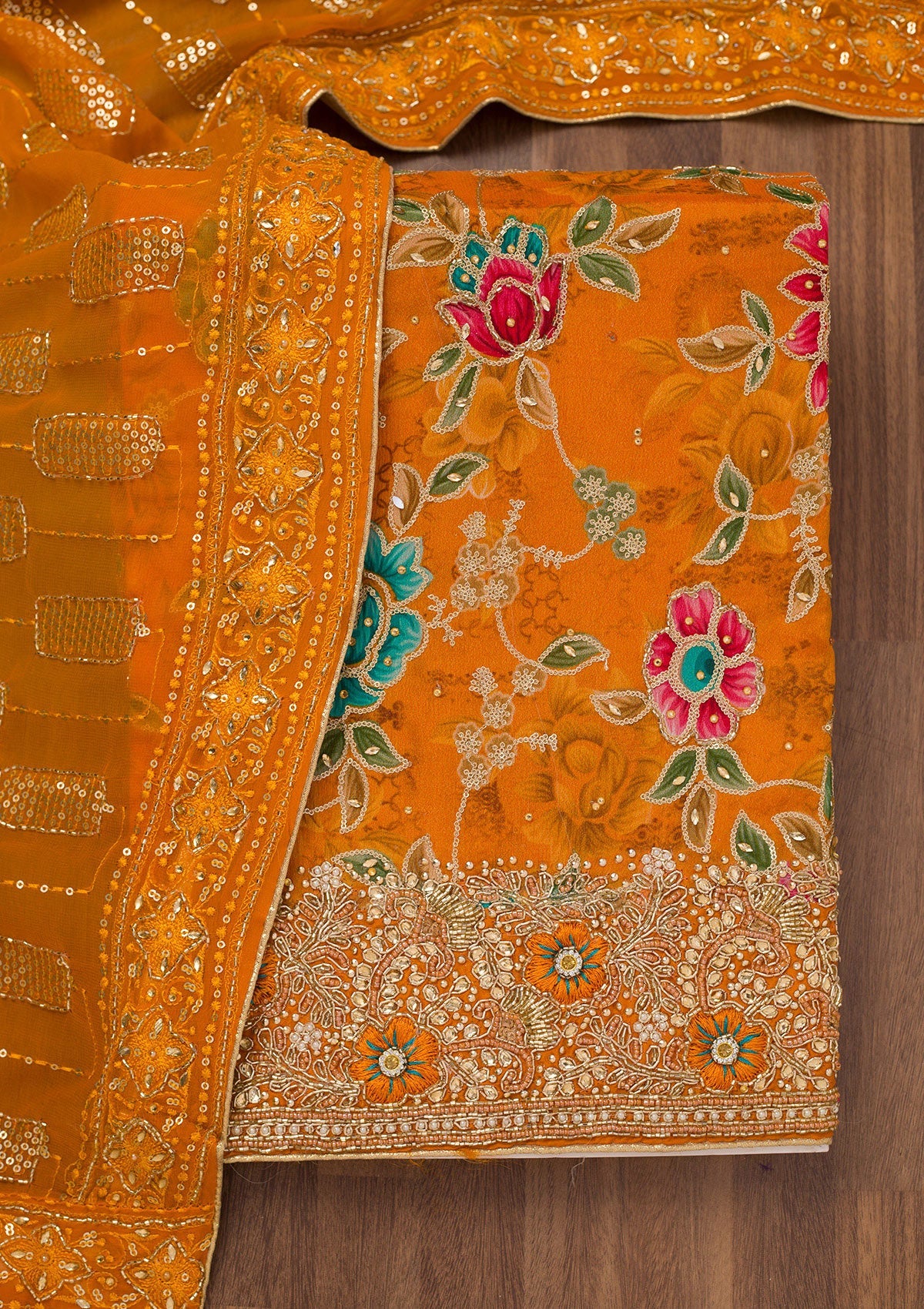 Orange Printed Semi Crepe Unstitched Salwar Suit-Koskii