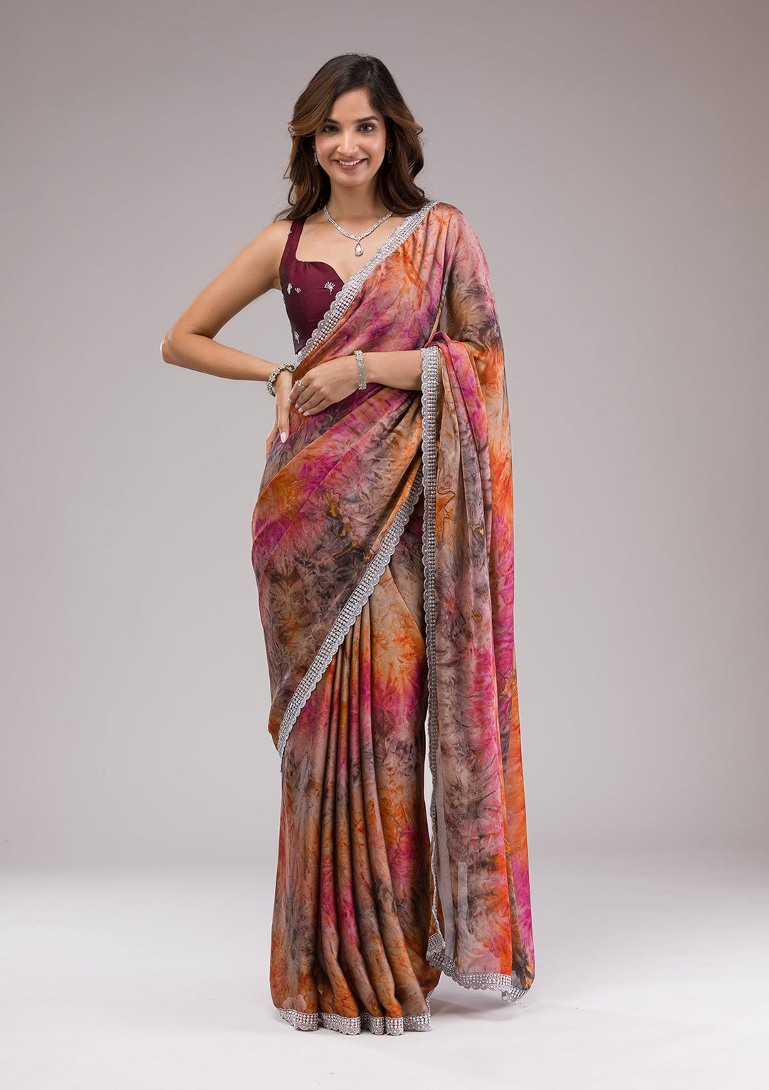 Orange Printed Semi Crepe Saree-Koskii