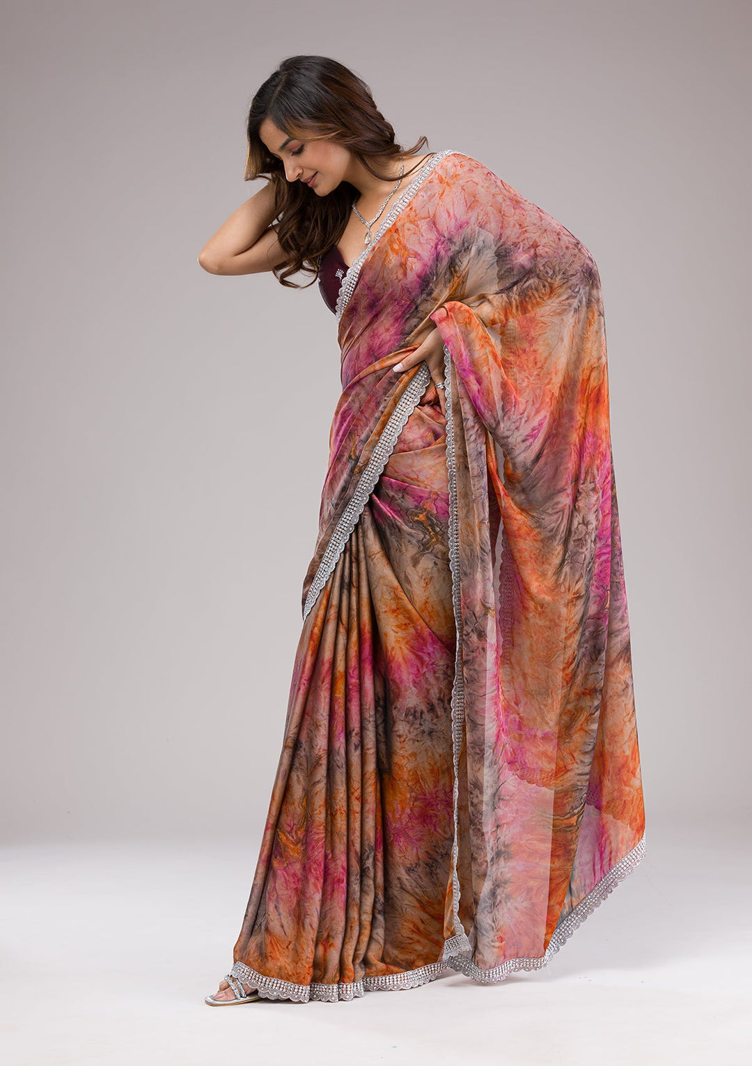 Orange Printed Semi Crepe Saree-Koskii