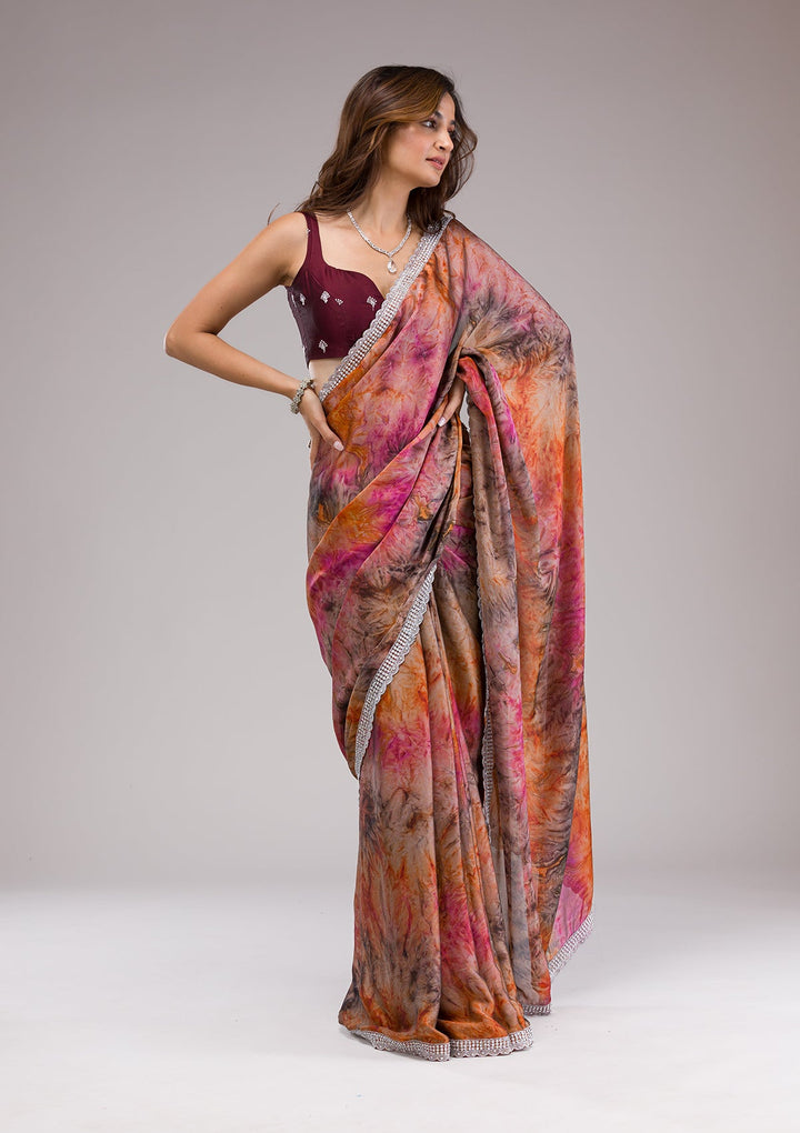 Orange Printed Semi Crepe Saree-Koskii