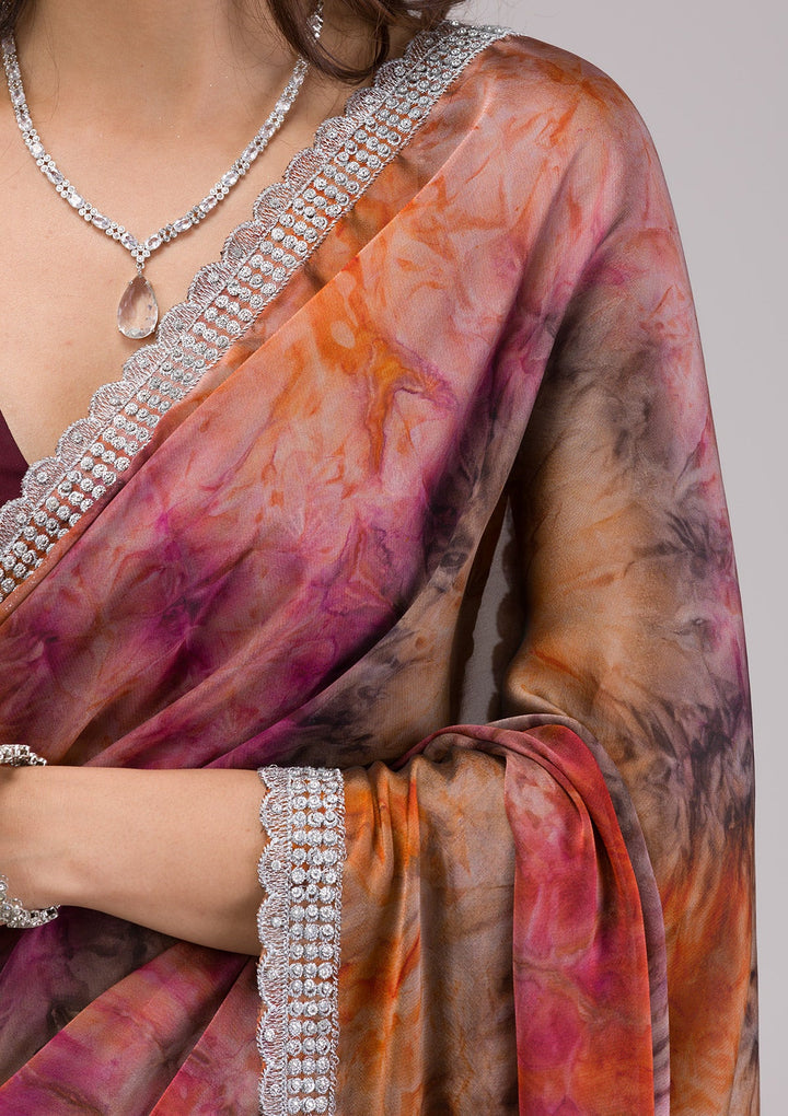 Orange Printed Semi Crepe Saree-Koskii