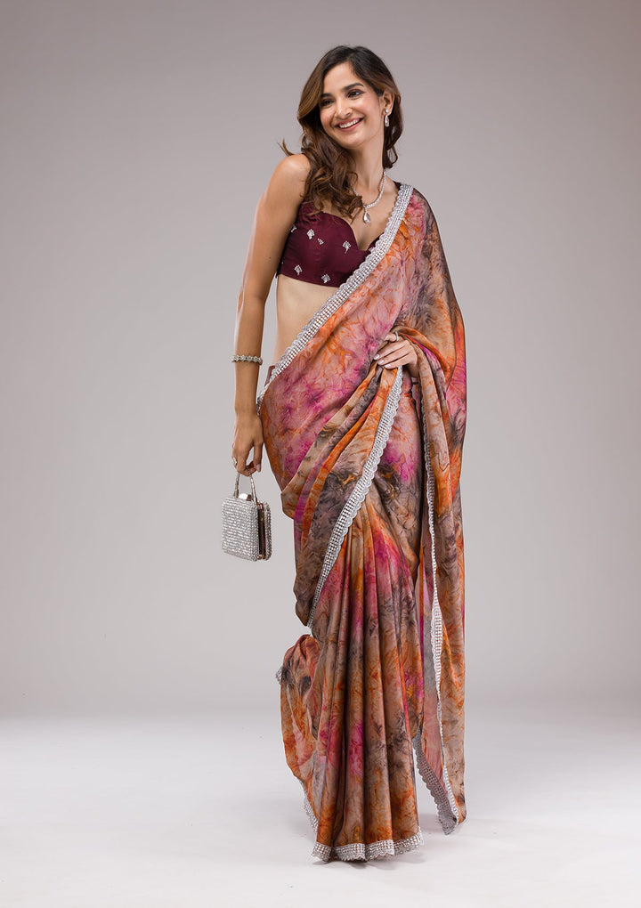 Orange Printed Semi Crepe Saree-Koskii