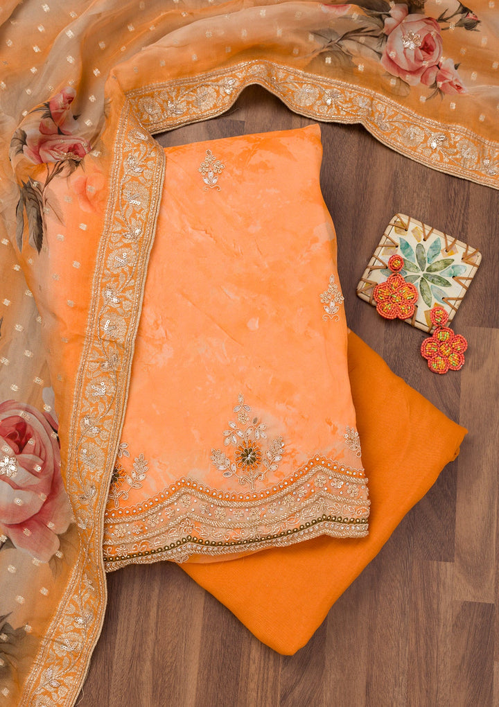Orange Printed Tissue Unstitched Salwar Suit-Koskii