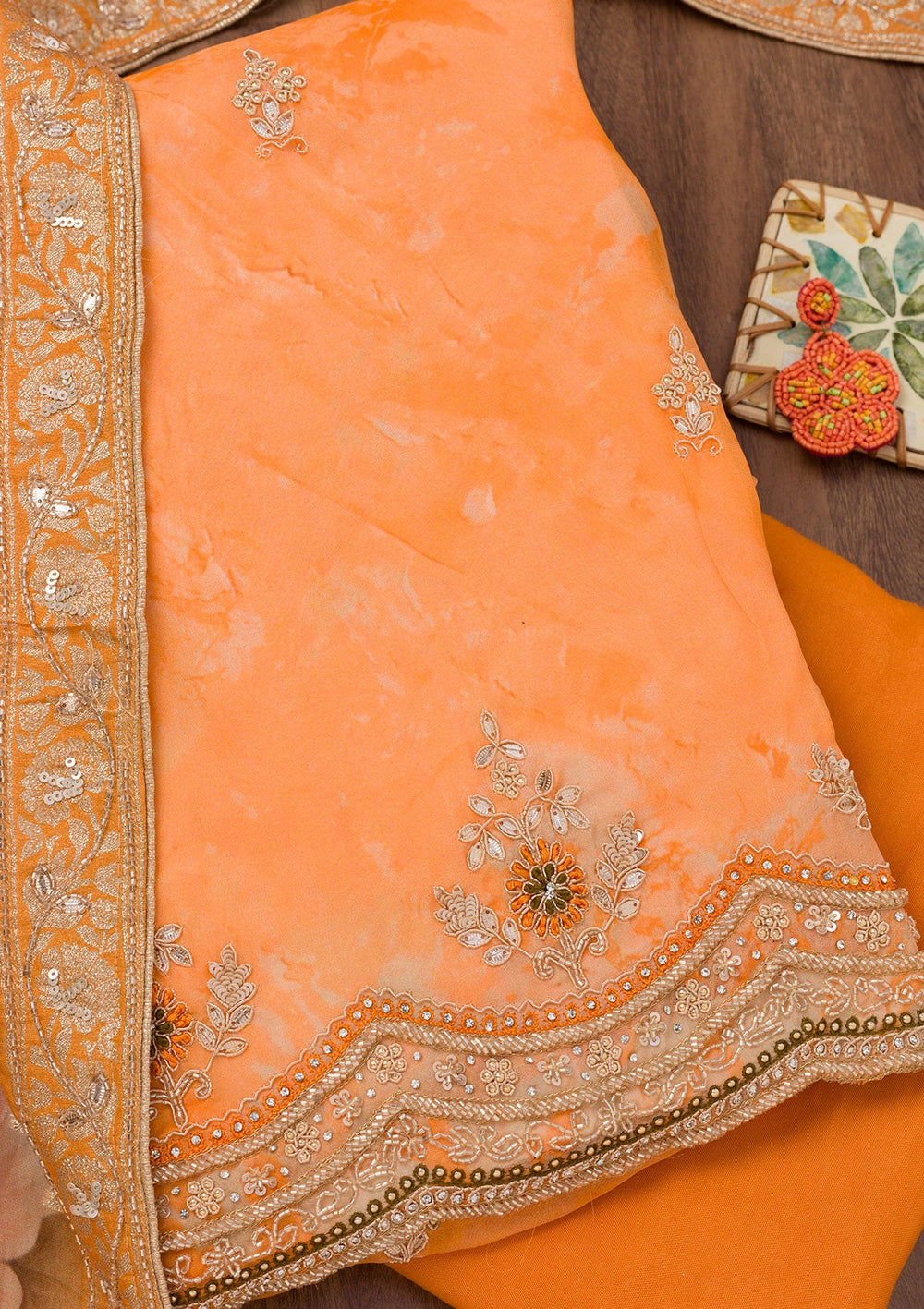 Orange Printed Tissue Unstitched Salwar Suit-Koskii