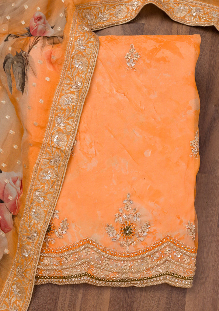 Orange Printed Tissue Unstitched Salwar Suit-Koskii