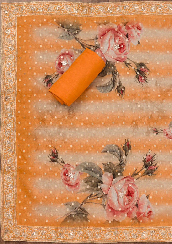 Orange Printed Tissue Unstitched Salwar Suit-Koskii