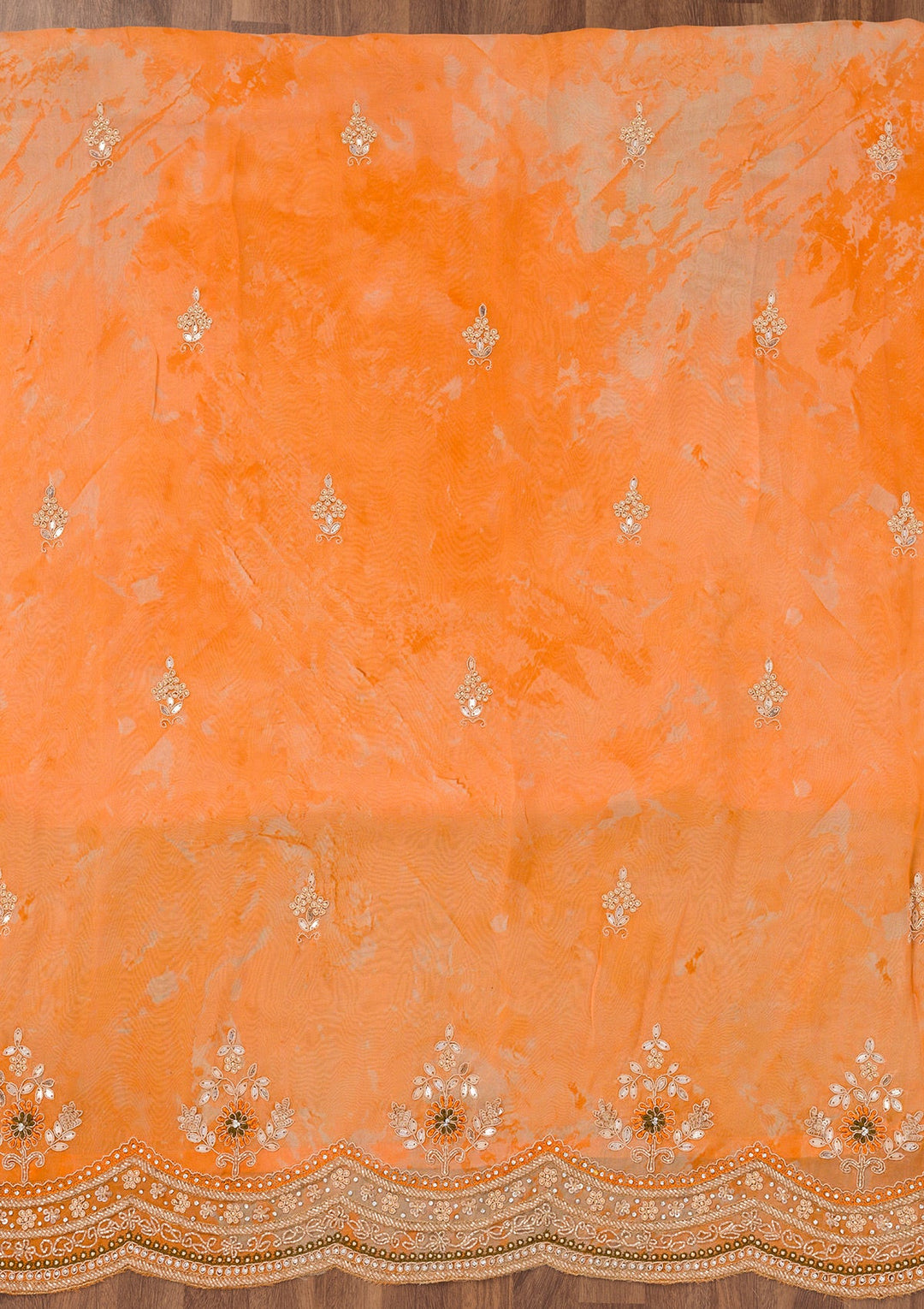 Orange Printed Tissue Unstitched Salwar Suit-Koskii