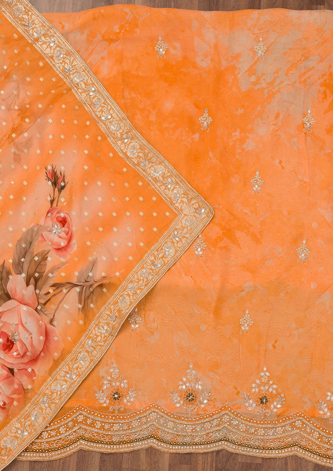 Orange Printed Tissue Unstitched Salwar Suit-Koskii