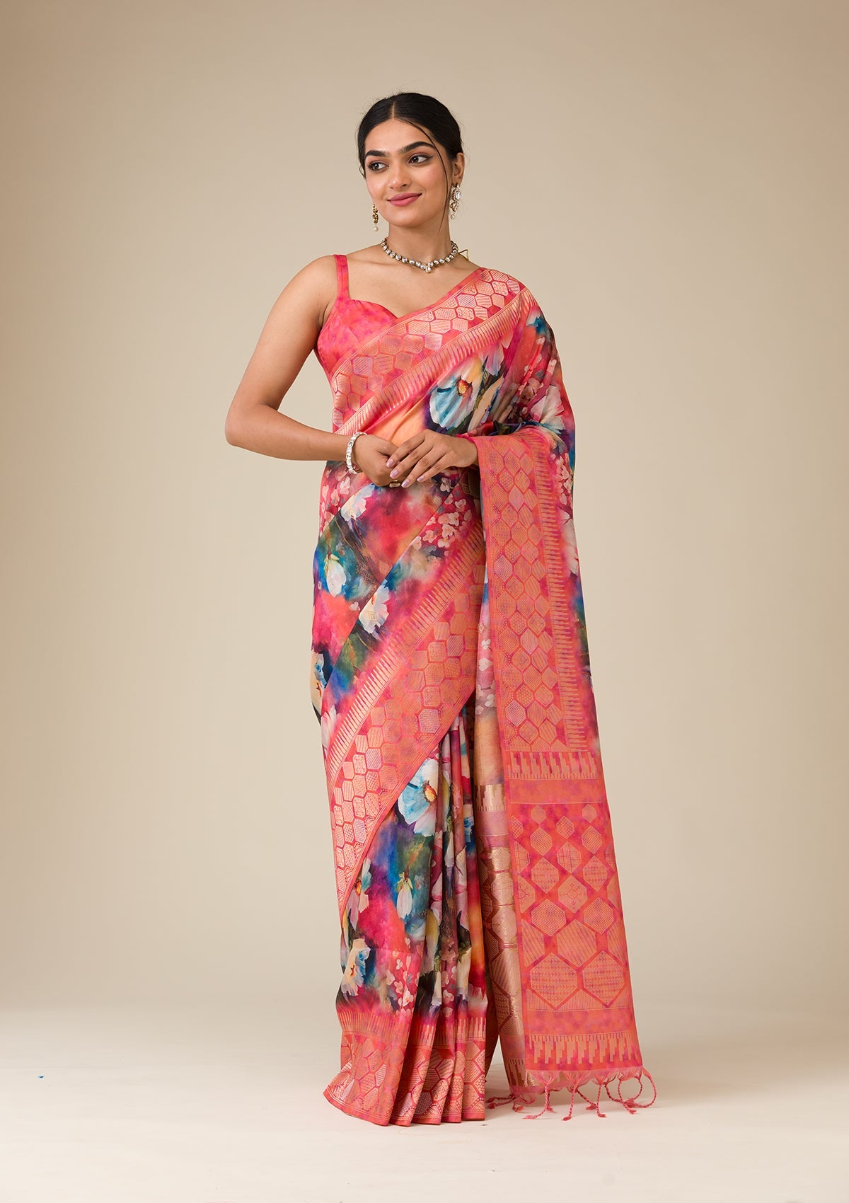 Orange Printed Tissue Saree