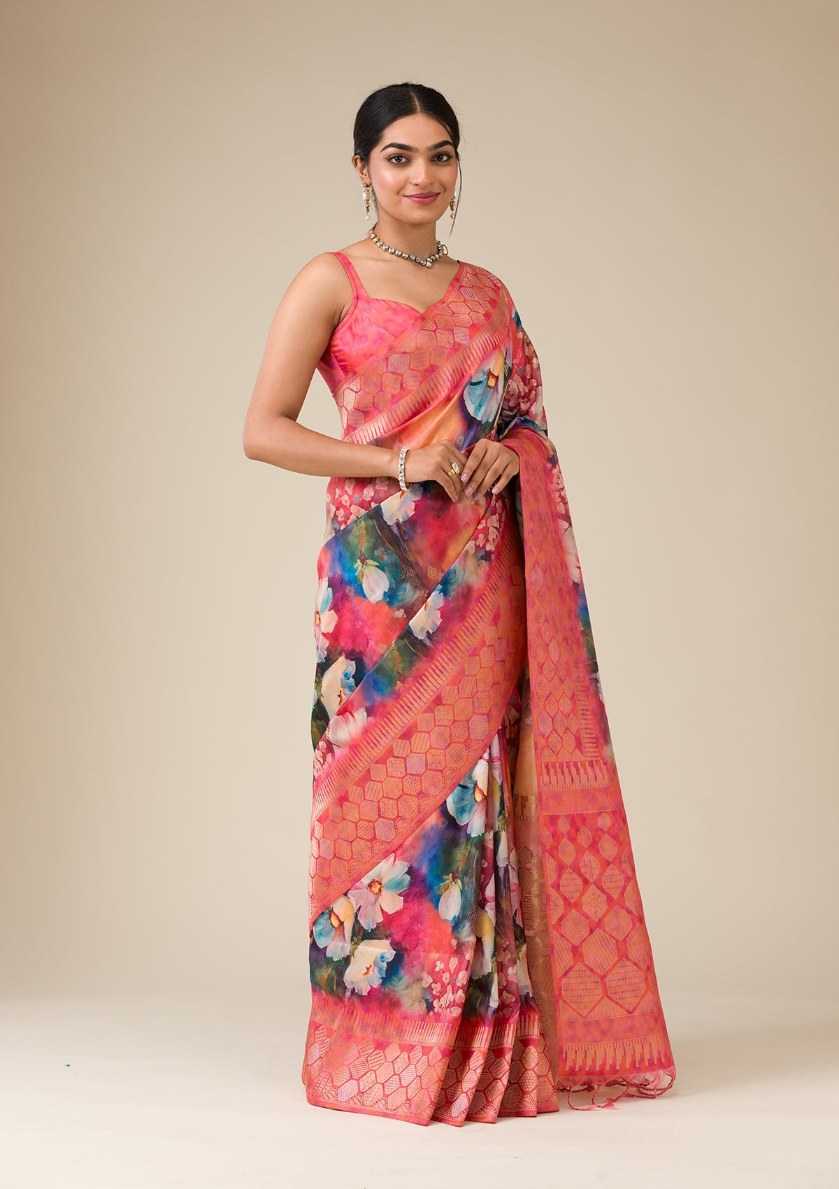 Orange Printed Tissue Saree