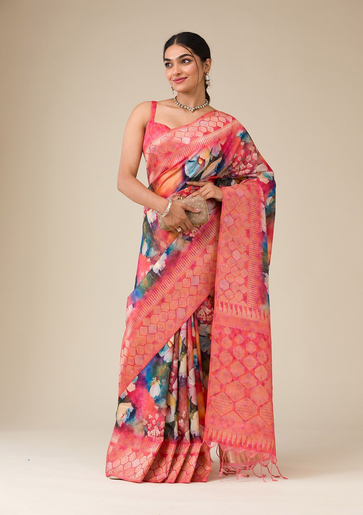 Orange Printed Tissue Saree