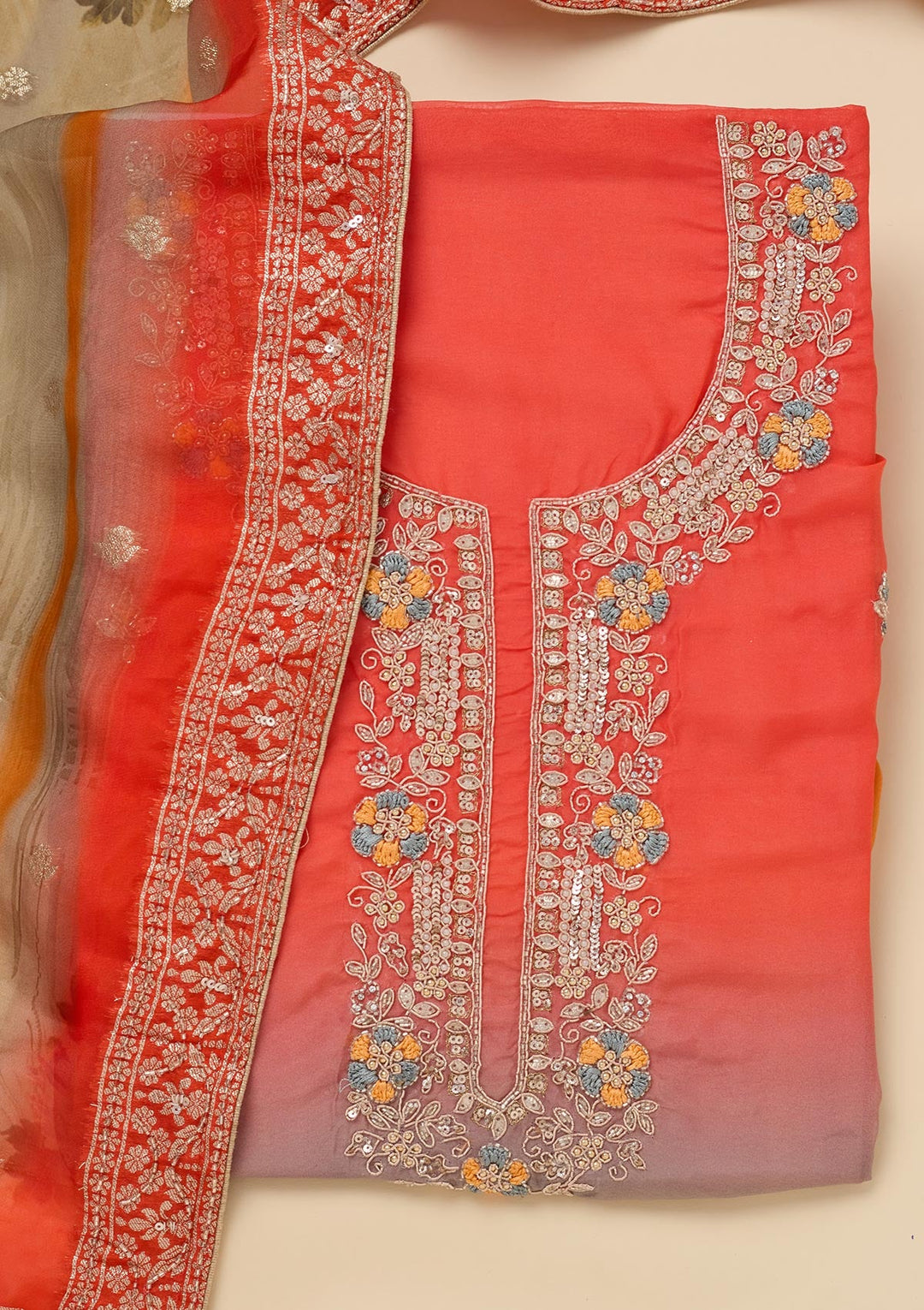 Orange Stonework Semi Crepe Unstitched Salwar Suit-Koskii