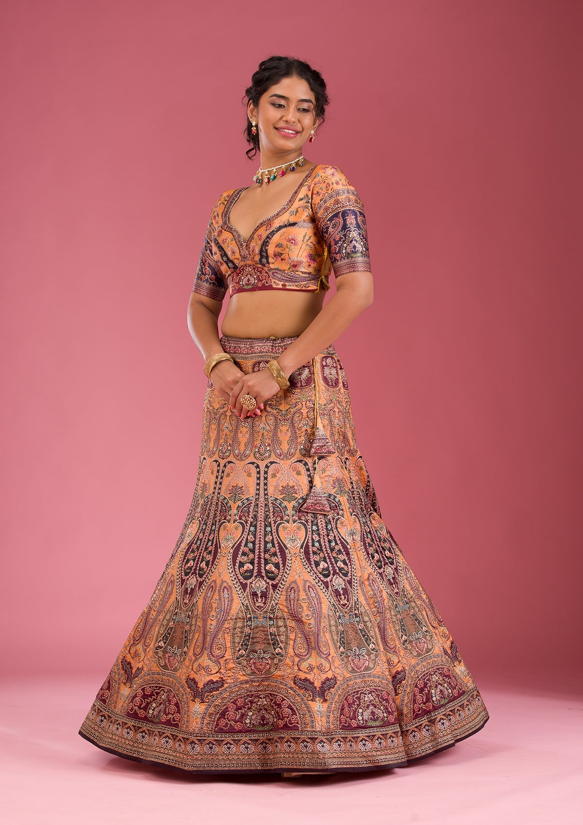 Orange Swarovski Raw Silk Readymade Lehenga-Koskii