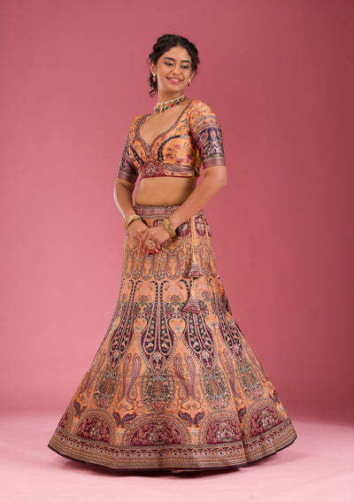 Orange Swarovski Raw Silk Readymade Lehenga-Koskii