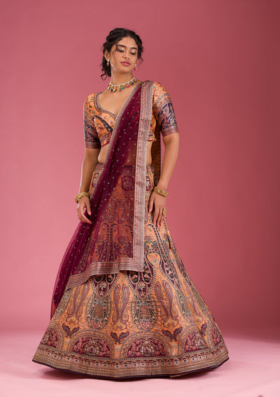 Orange Swarovski Raw Silk Readymade Lehenga-Koskii